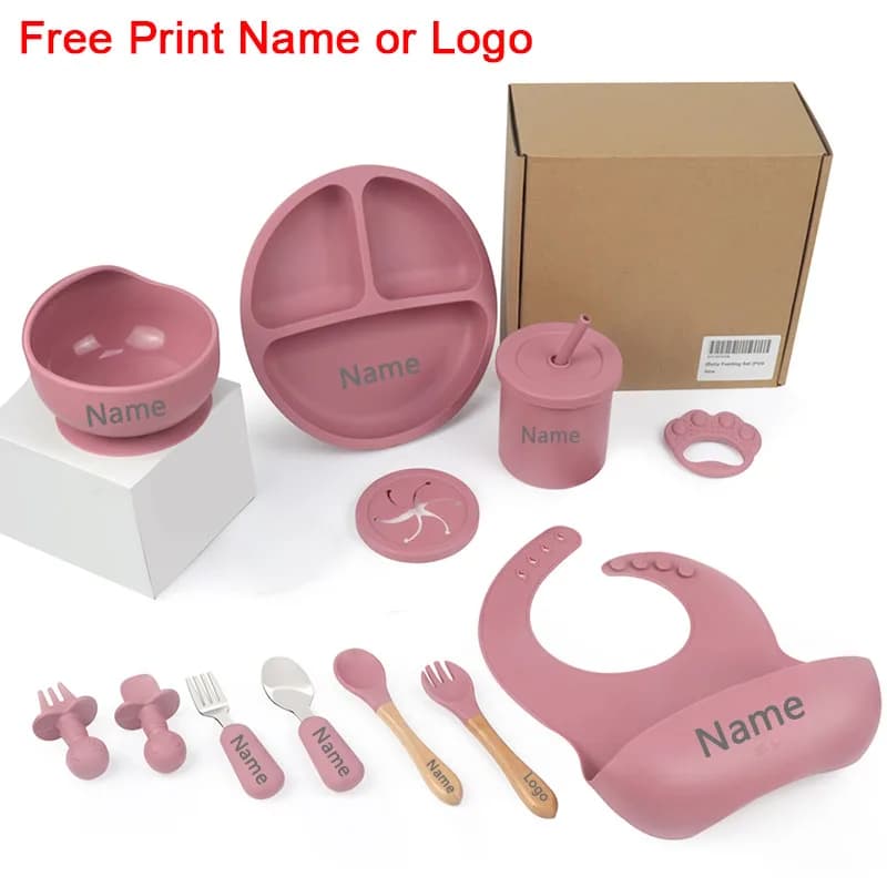 Ensembles d'alimentation en Silicone pour bébé, 11 pièces, nom personnalisé, vaisselle pour enfants, assiettes à ventouse, bol cuillère, tasses
