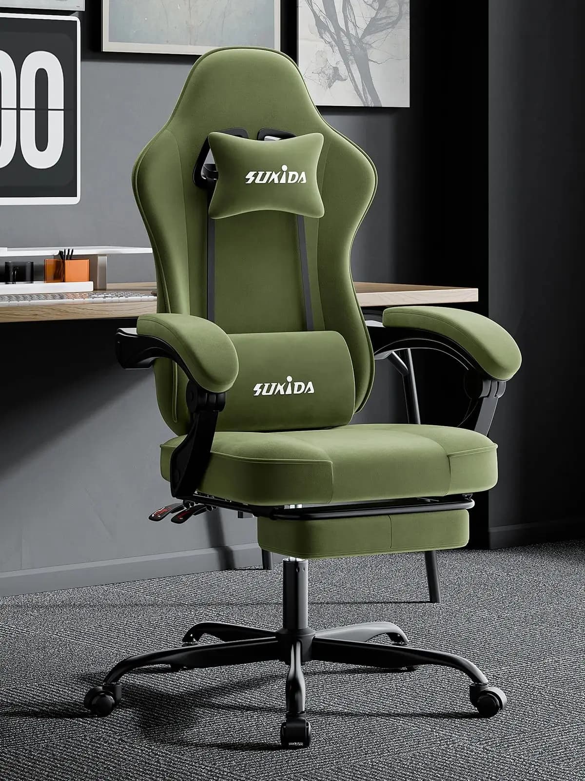SUKIDA Chaise de jeu avec repose-pieds, chaise de course design PC, chaise de bureau ergonomique réglable avec support lombaire