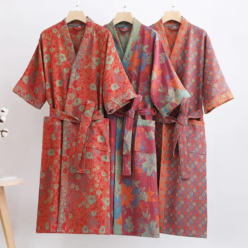 Peignoir en gaze Double couche en pur coton, tissu fin teint, vêtements de maison pour Couples, Kimono de Style japonais, pyjama, printemps/été