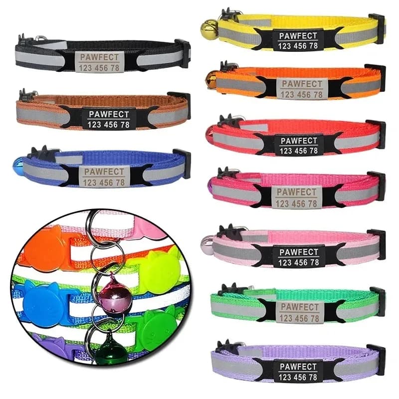 Collier réfléchissant personnalisé pour chat avec nom, boucle de sécurité réglable avec clochette et gravure gratuite, collier pratique pour