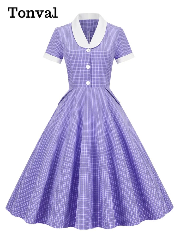 TONVAL-Robe Longue Vintage à Carreaux pour Femme, Col Châle, lèvent, Manches Courtes, Poches, Robes Trapèze, Soirée Élégante