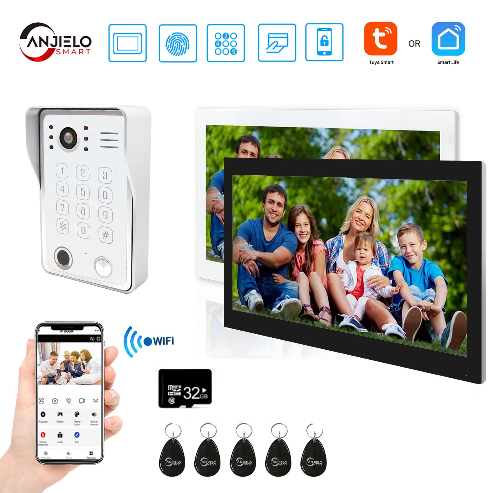 Tuya – interphone vidéo 7/10 pouces, écran tactile blanc avec sonnette filaire 2mp 148 °   Moniteur de balayage de carte d'empreintes digitales