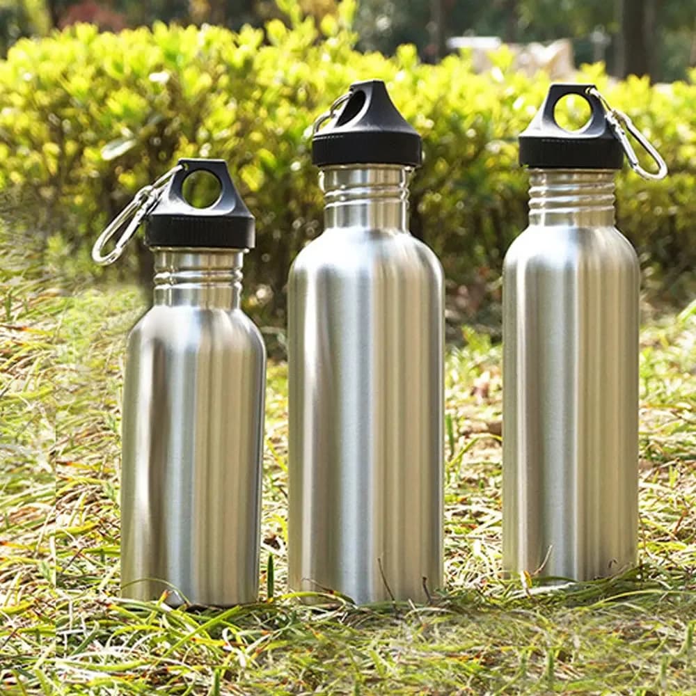 Gourde de sport en acier inoxydable 500/750/1000 ml avec mousqueton portable pour yoga, camping, randonnée, pêche, alpinisme et sports de plein air