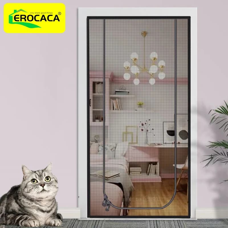 EROCACA Porte moustiquaire noire renforcée pour chat, résistante aux animaux, avec fermeture éclair, pour salon et chambre