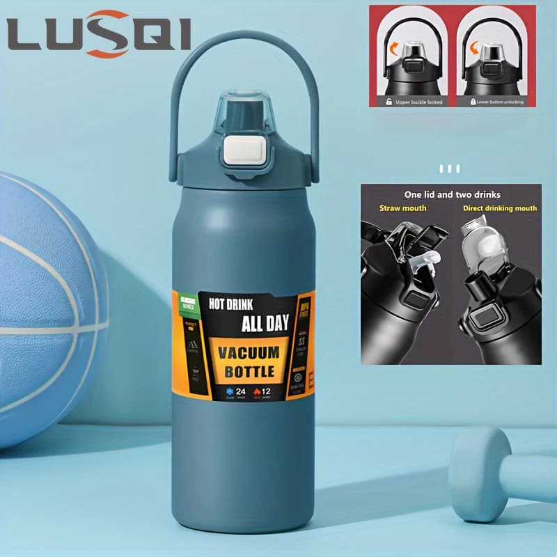 LUSQI-Bouteille d'Eau de Grande Capacité en Acier Inoxydable 304, Thermos de 1,2 l/1,5 l, Type Paille et Boire Directement pour Sports de Plein Air