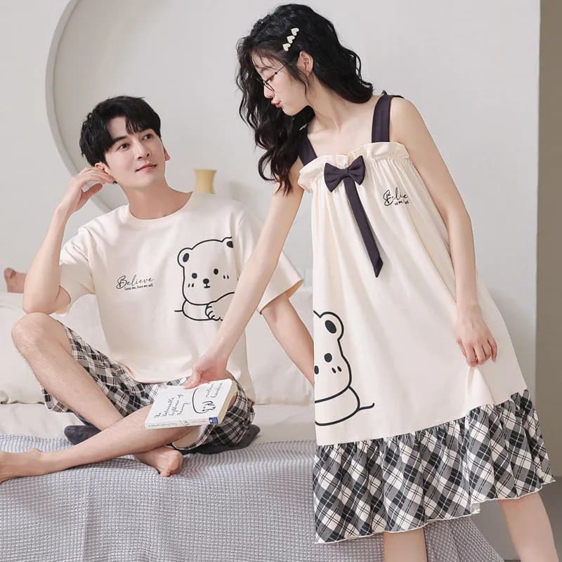 Pyjama d'été coréen pour couple, ensemble de vêtements de nuit pour femmes et hommes, en coton imbibé, chemise de nuit à col rond, pour amoureux
