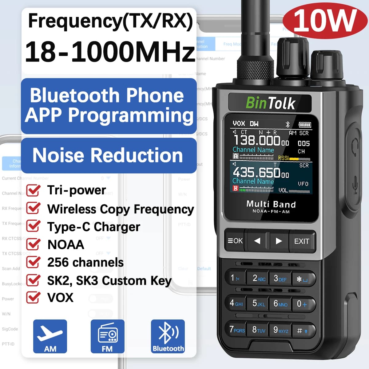 BinTolk BT8200 talkie-walkie longue portée 10W Tri puissance bande complète sans fil Bluetooth téléphone programmation réduction du bruit Radio
