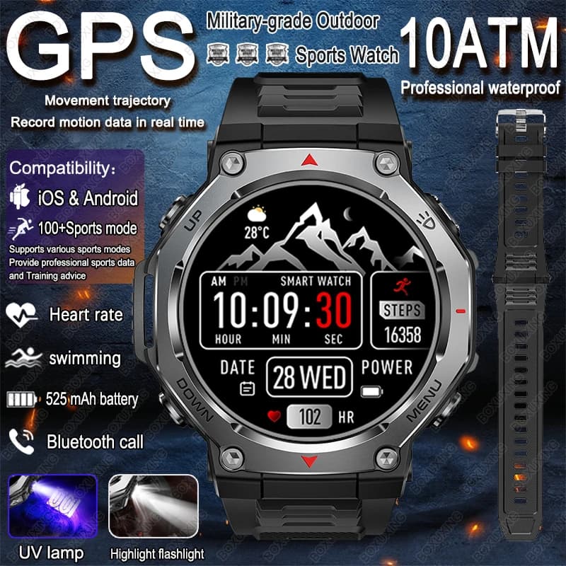 Nouveau t-rex 3 militaire Sports de plein air montre intelligente hommes GPS mouvement piste 5 ATM étanche fréquence cardiaque HD Bluetooth appel