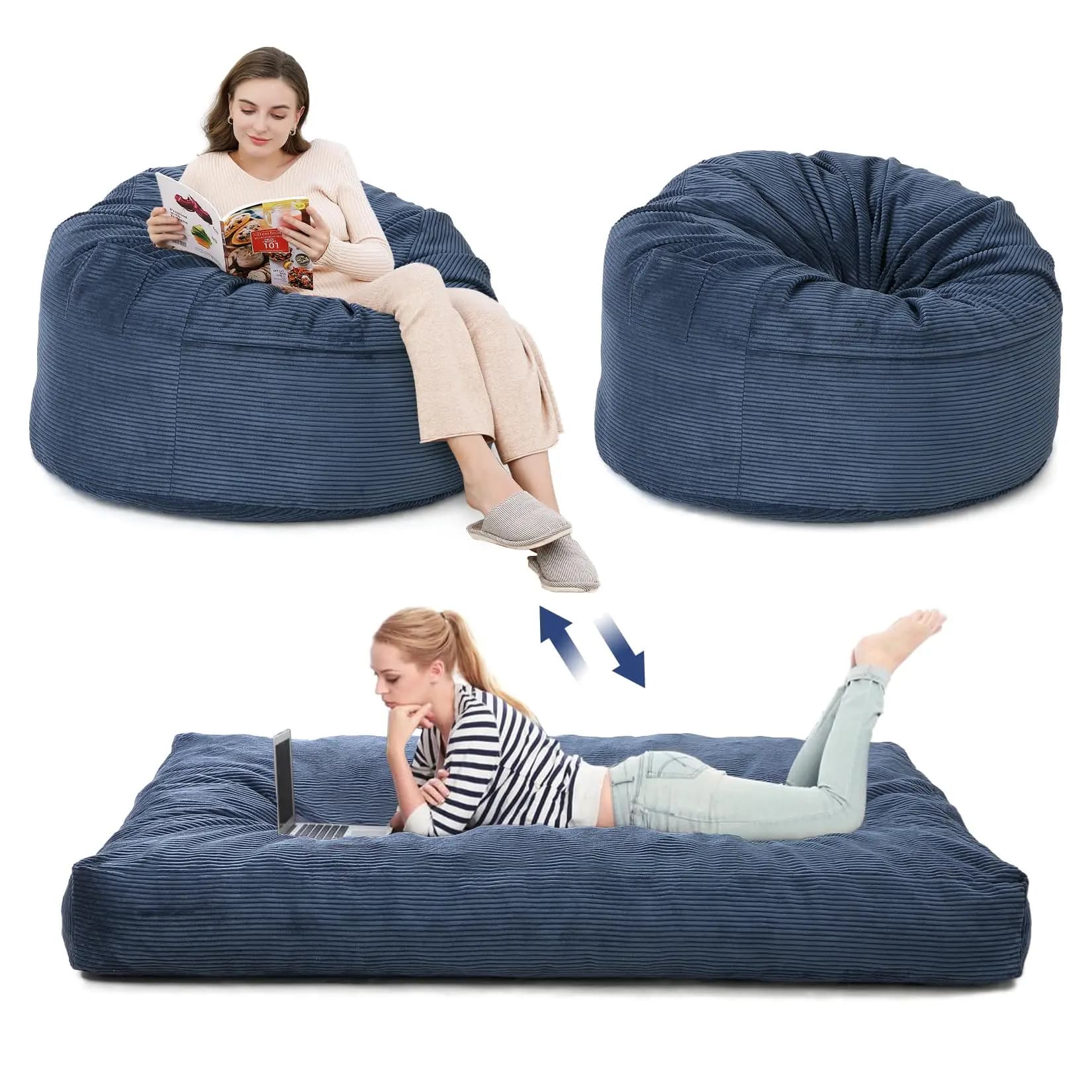 Fauteuil-lit géant en velours côtelé pour adultes, convertible 2-en-1, du canapé au matelas, avec housse amovible et lavable