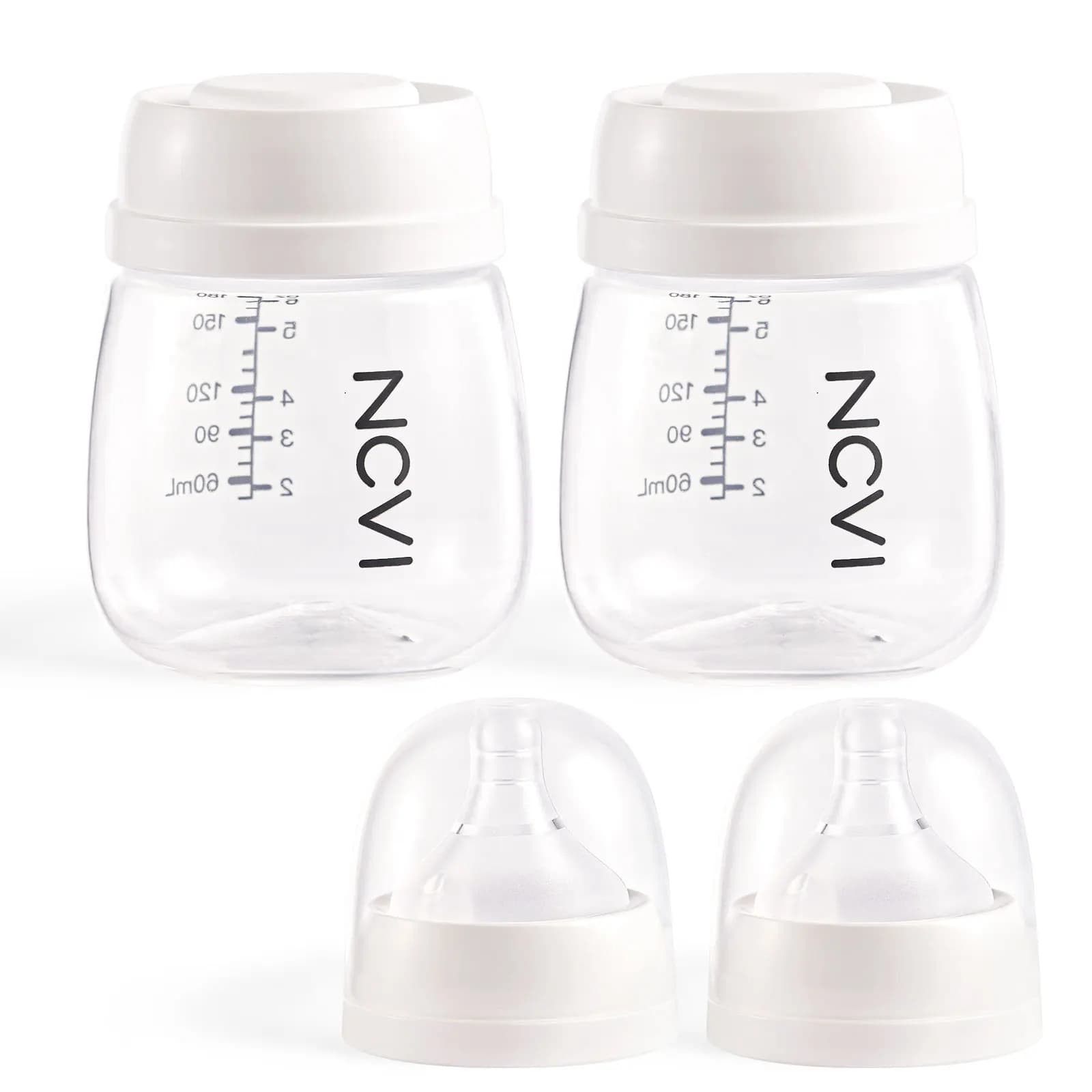 NCVI Biberons de conservation du lait maternel, biberons avec tétines et bonnets de voyage, anti-colique, sans BPA, 2 unités, blanc