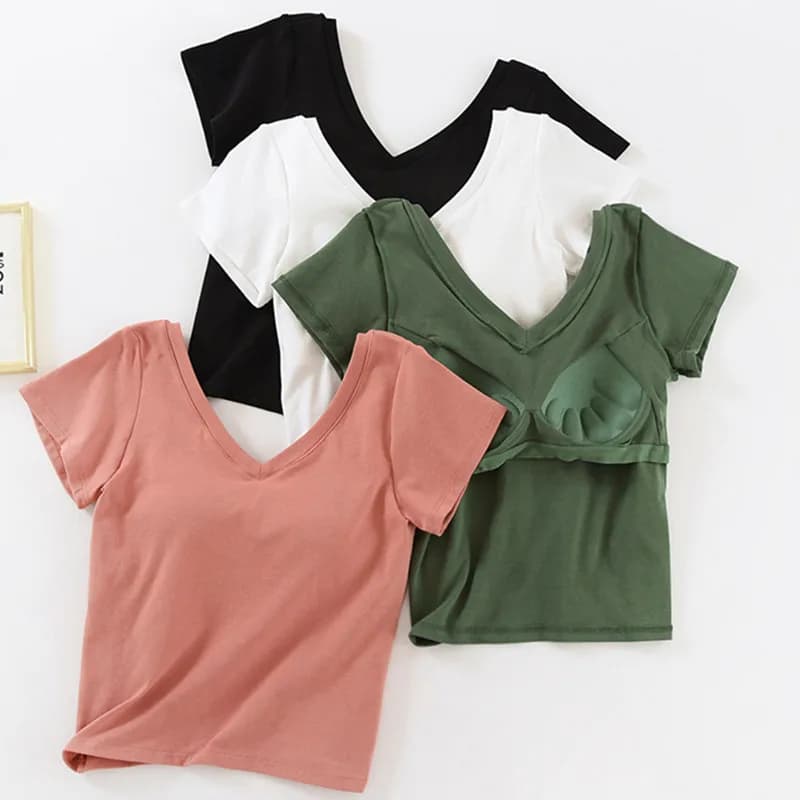 T-Shirt à manches courtes en coton, coussinets de poitrine, haut de nuit une pièce pour femmes, col en v, vêtements d'extérieur, vêtements de