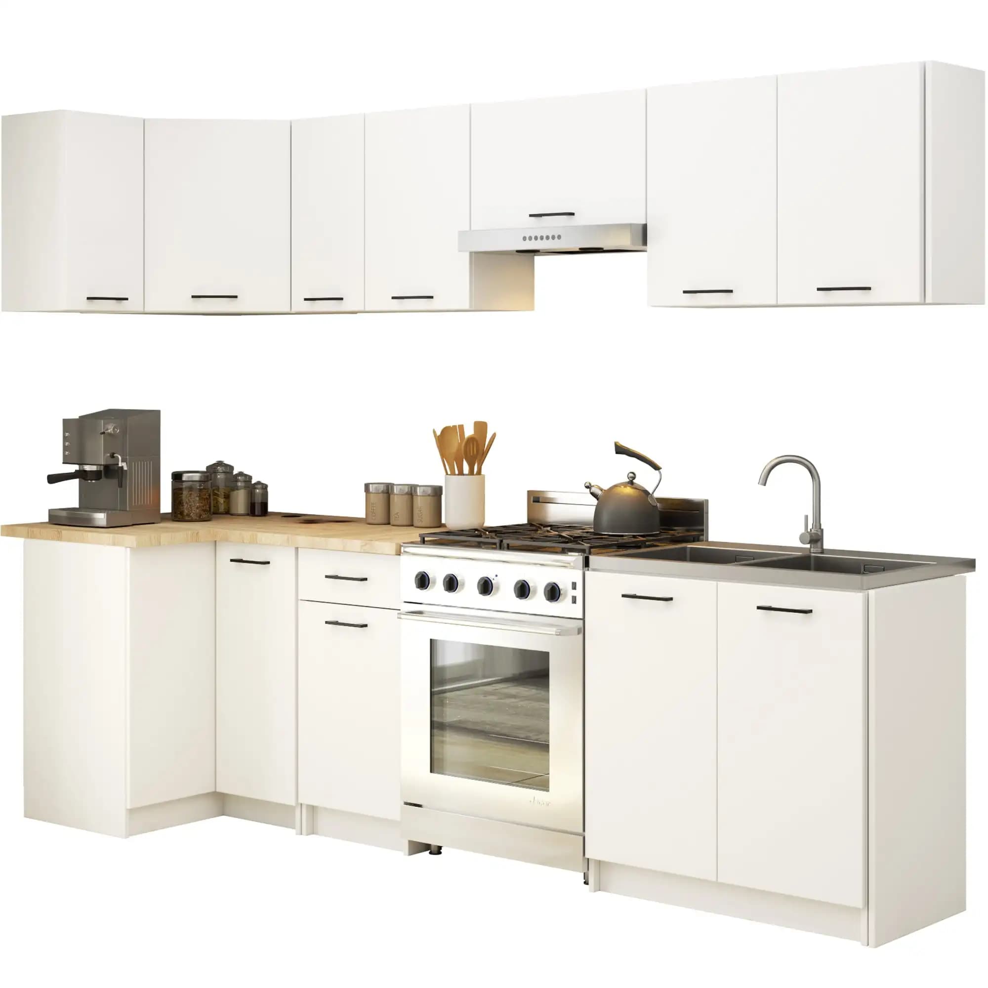 Ensemble de cuisine d'angle OLION 3,0 m Blanc 300 cm 11 portes 1 tiroir couleur Blanc Mat 16 étagères 300x46x203 cm