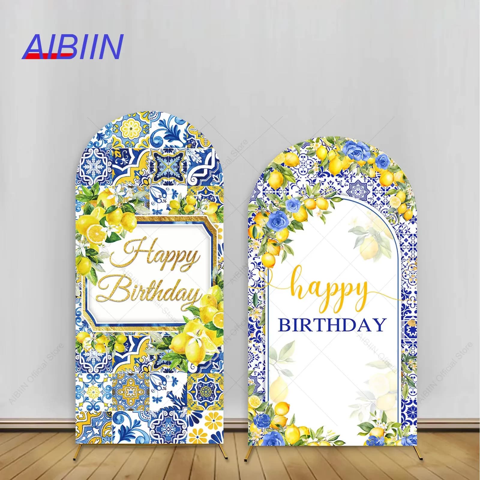 AIBIIN citron arc toile de fond couverture joyeux anniversaire fête décor bleu carrelage Floral bébé enfants Portrait fond gâteau Table Photozone
