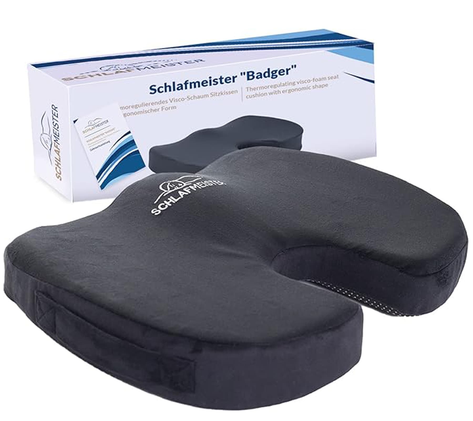 Coussin d'assise orthopédique SCHLAFMEISTER Badger, certifié OEKO-TEX, coussin coccygien, 44 x 37 x 7 cm, noir