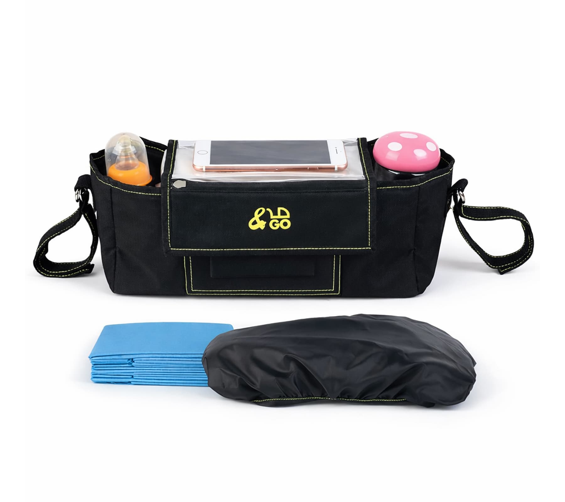 Organisateur de poussette &GO avec 5 matelas à langer, sac universel pour poussette avec poche transparente pour smartphone, housse de pluie,