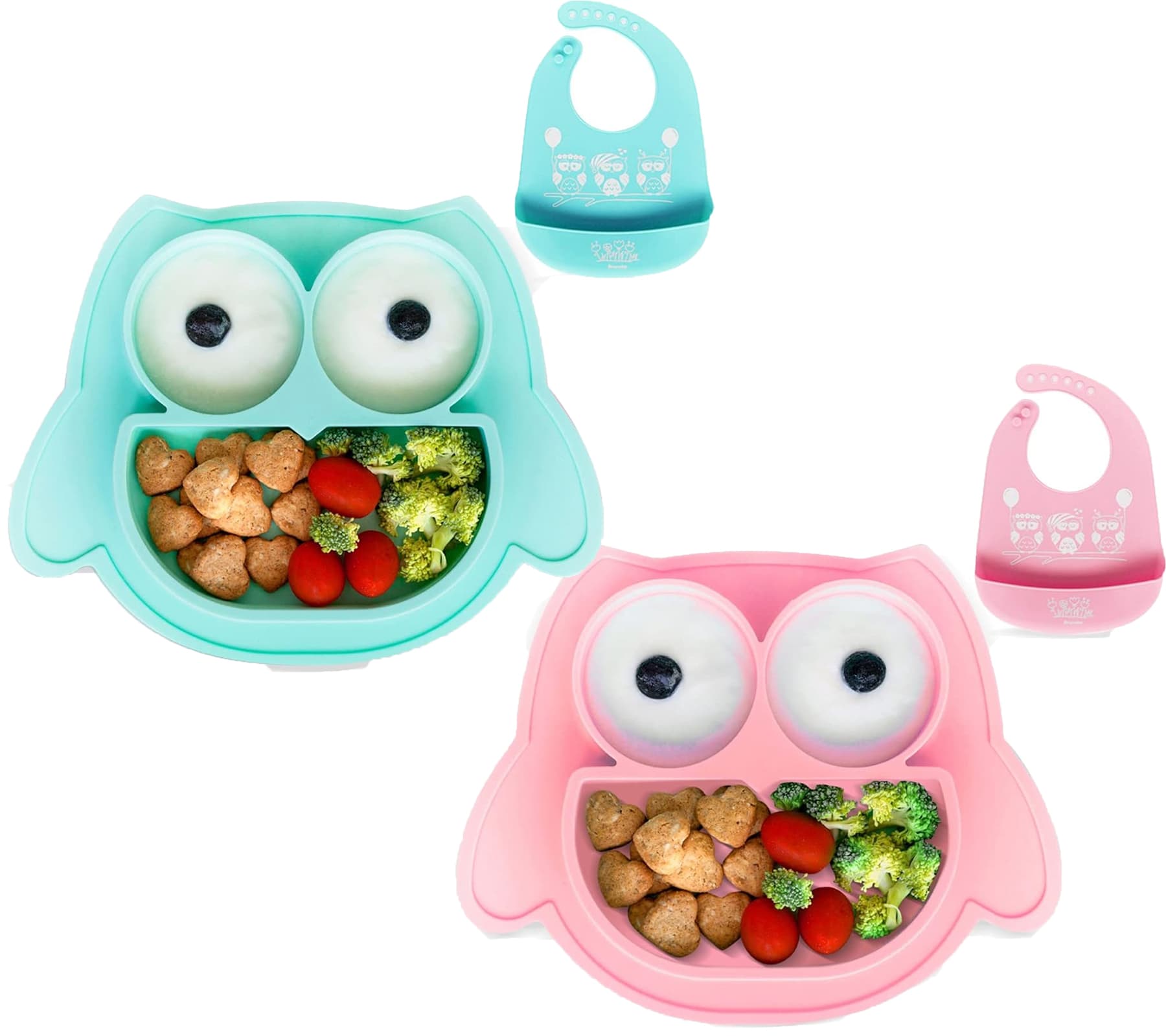 Assiette bébé antidérapante en silicone Brunoko, ensemble 2 en 1 avec bavoir et bac récupérateur, sans BPA, rose ou vert menthe