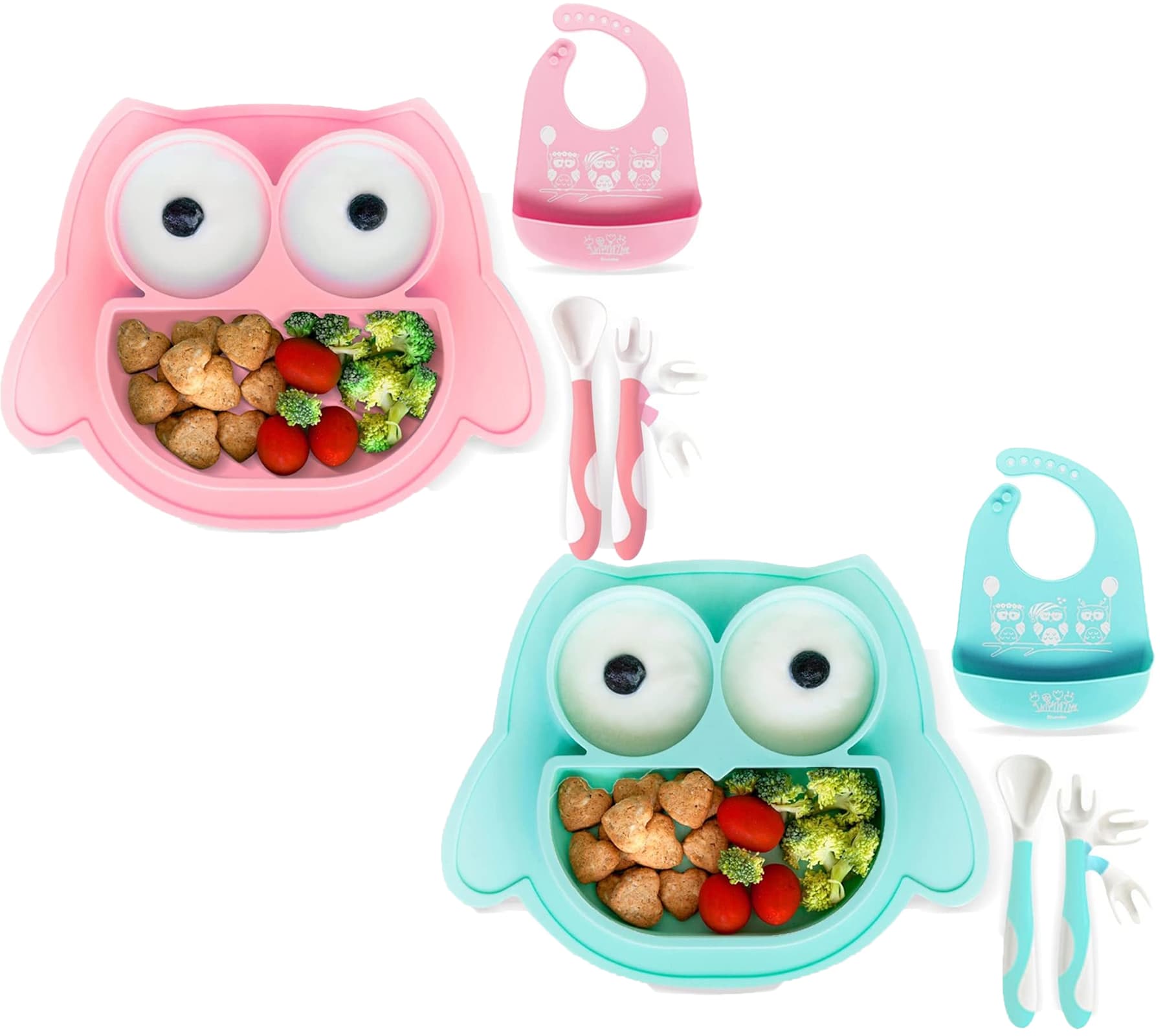 Assiette bébé antidérapante en silicone Brunoko, ensemble 3 en 1 comprenant : assiette, cuillère et bavoir avec rebord en silicone, sans BPA, rose