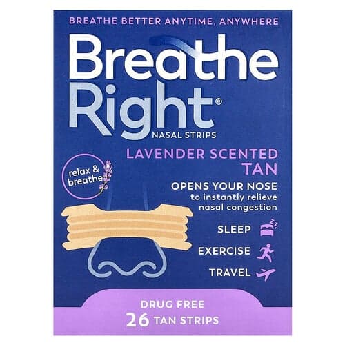 Breathe Right, Bandes nasales, Lavande, 26 bandes autobronzantes