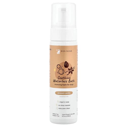 Kin+Kind, Bain apaisant sans eau, Mousse nettoyante pour chiens, Amande et vanille, 236 ml