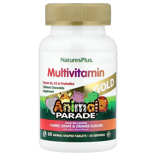 NaturesPlus, Animal Parade® Gold, Multivitamines à croquer pour enfant, Cerise, raisin et orange, 60 comprimés en forme d'animaux