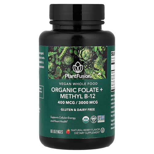 PlantFusion, Aliments entiers vegan, Folate biologique + méthylcobalamine B12, Arôme naturel de fruits rouges, 60 pastilles