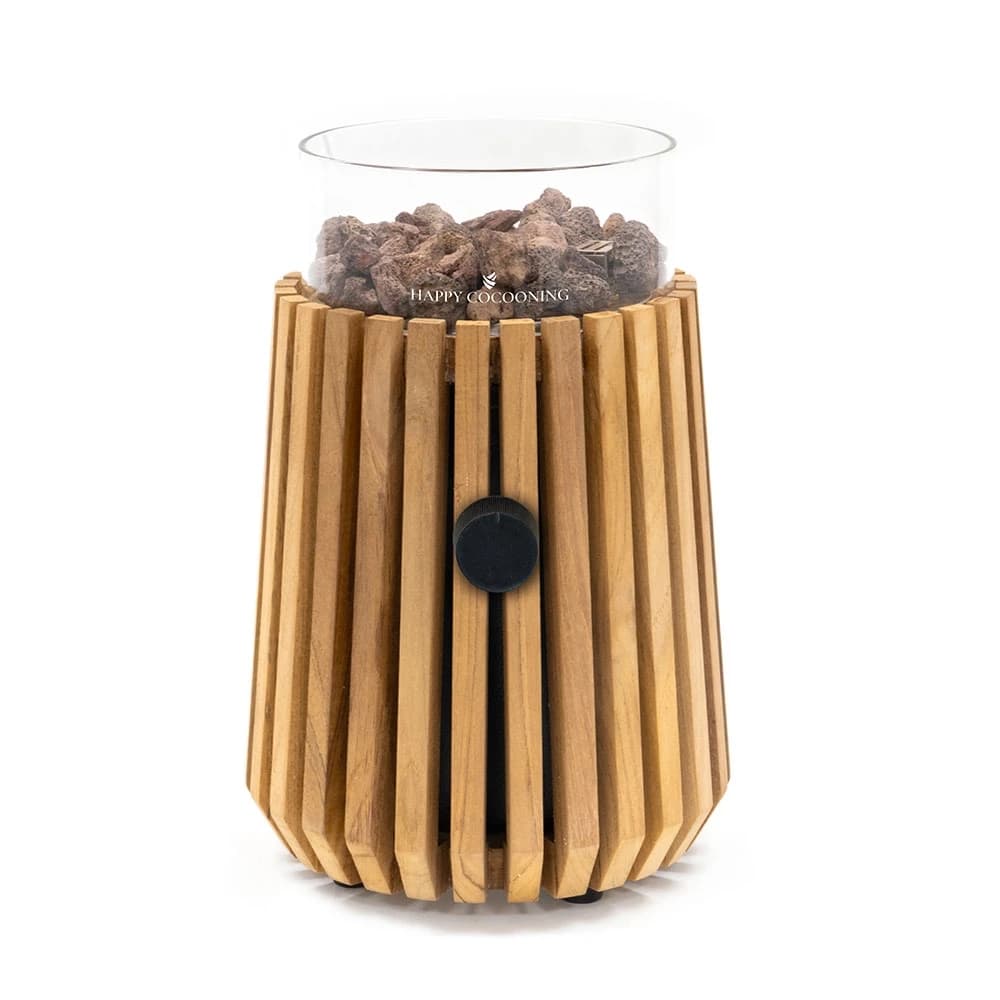 Cheminée à gaz de table en teck Lumi Lagune par Happy Cocooning – Design à lattes en teck massif 1,98 kW – Compatible EN417