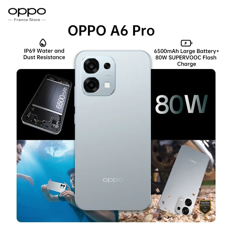 Version européenne du smartphone OPPO A6 Pro 5G, 8 Go + 256 Go, 6500 mAh, MTK Dimensity 6300, AMOLED, appareil photo principal IA 50 MP, IP69
