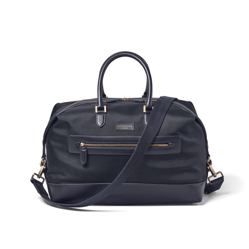 Aspinal of London Men's Weekend Bag in Navy Leather-Trim Nylon Canvas