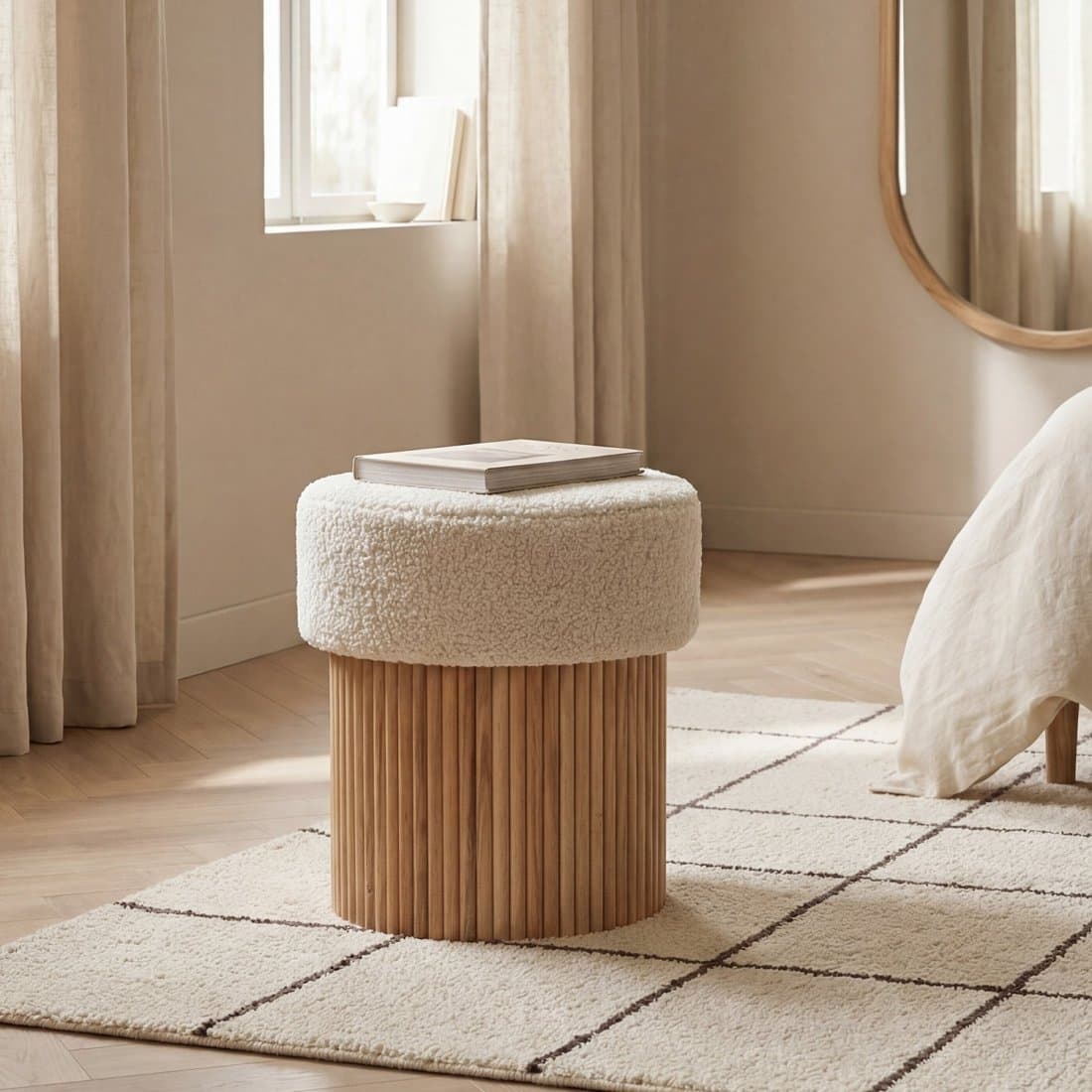 Pouf rond avec rangement en bois de paulownia et bouclé Naira