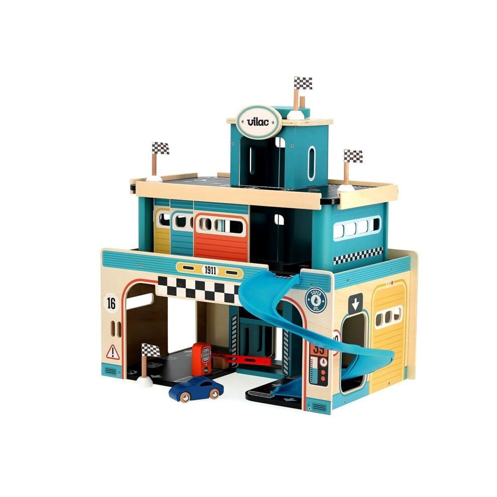 Garage en bois - VILAC - Garage en bois vintage Vilacity - 1 voiture en bois - 4 drapeaux - 46x29x45 cm