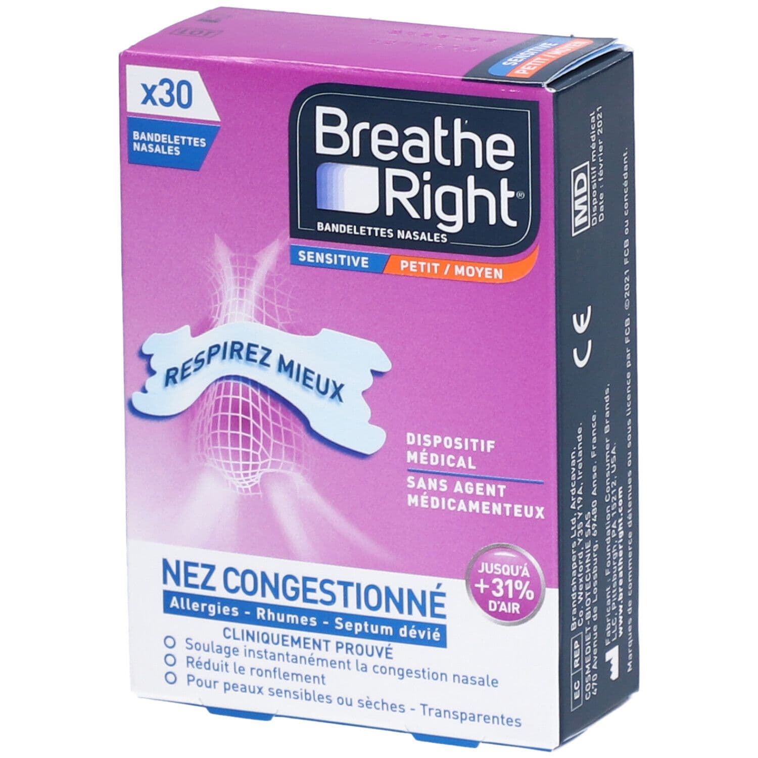 BREATHE RIGHT Bandelettes Nasales Sensitive Petit / Moyen Bandage(S) 30 pc(s)