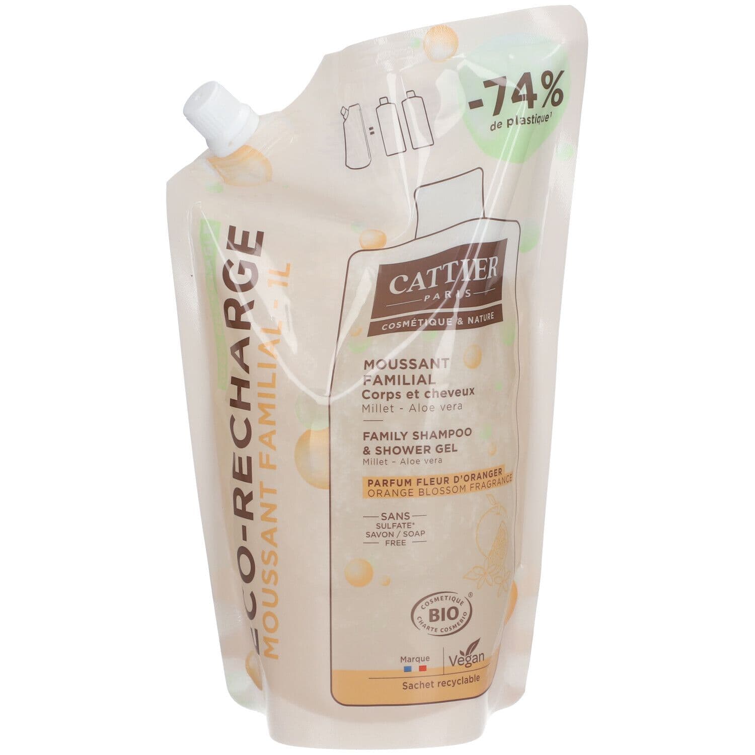 CATTIER Moussant familial sans sulfates Bio Éco-recharge Mousse(S) 1000 ml