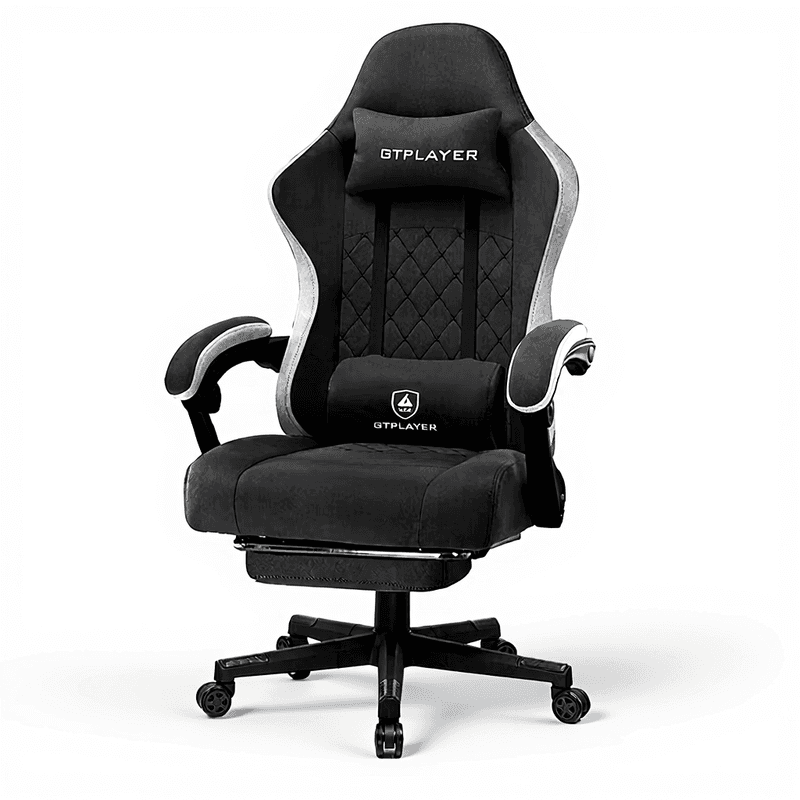 GTPlayer Chaise de jeu ergonomique avec revêtement en tissu, Coussin d’assise à ressorts et repose-pieds, Noir, Tissu noir, 55 x 50 x 130 cm,