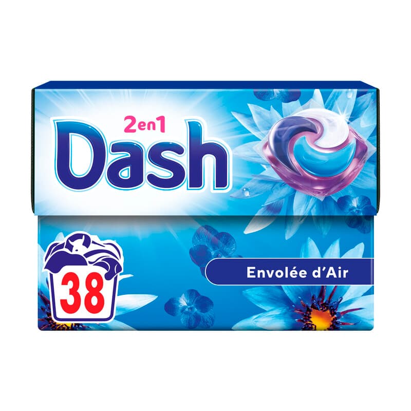 Dash 2en1 PODS®, Lessive En Capsule, 38 Lavages, Parfum Envolée d'air, 3 Semaines De Fraîcheur Avec L’Adoucissant Lenor, Fabriqué En France