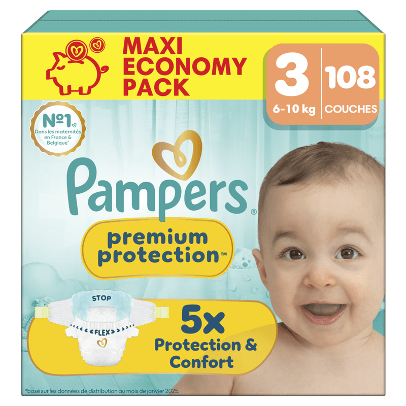 Pampers Couches Premium Protection Taille 3, 108 Couches, 6-10 kg, Notre N°1 Pour La Protection De La Peau Et Contre Les Fuites, Maxi Economy Pack