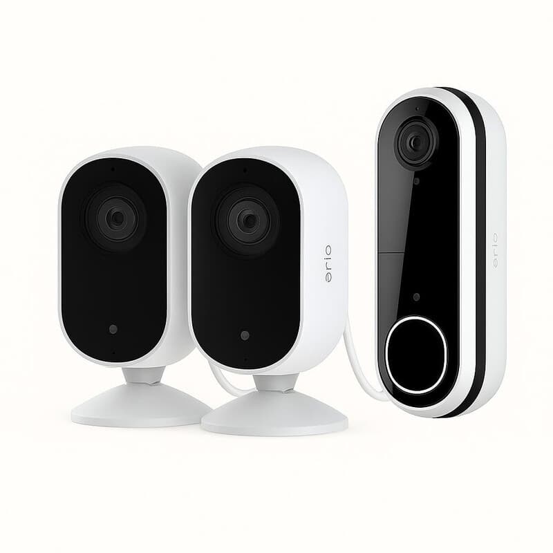 ARLO Pack Maison Protégée : Caméra intérieure Arlo Essential 2K - Blanc, Pack de 2 caméras + Sonnette vidéo sans fil Arlo Essential HD - Blanc