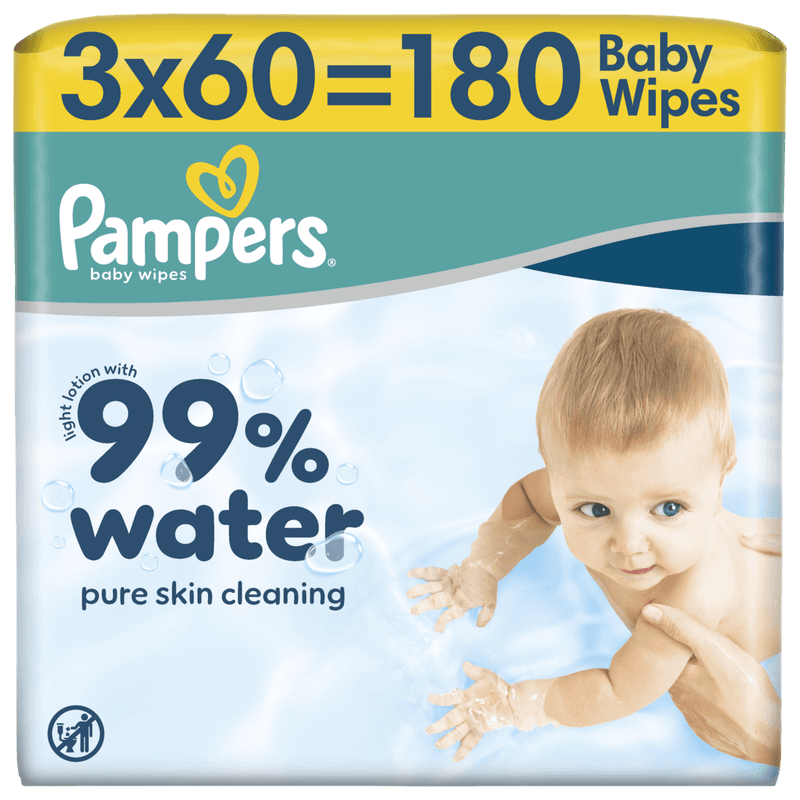 Pampers 99% D'Eau Lingettes Pour Bébé, 3 Paquets De 60 Lingettes = 180 Lingettes, Lotion Douce Avec 99% D’Eau