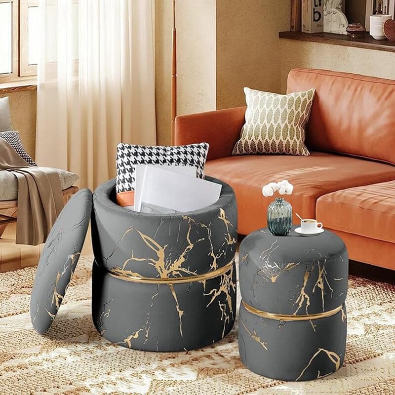 Ckaff Lot de 2 tabourets avec espace de rangement, Tabouret avec espace de rangement, Tabouret de maquillage, Pouf, Pouf, Repose-pieds rond en tissu