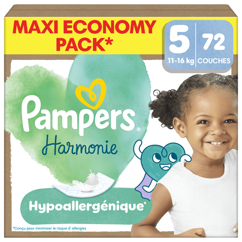 Pampers Harmonie Couches Édition Limitée, Taille 5, 72 Couches, 11kg-16kg, Conçues Pour Les Peaux Les Plus Sensibles, Maxi Economy Pack