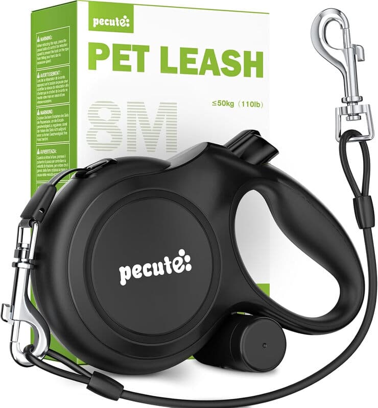 PECUTE Instant-Control Laisse pour chien rétractable de 8 m avec corde en acier et distributeur de sacs à déjections - Noir