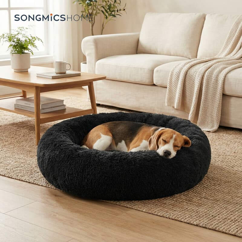 JOYFURNOS Lit donut apaisant moelleux pour chien avec housse amovible lavable, Noir