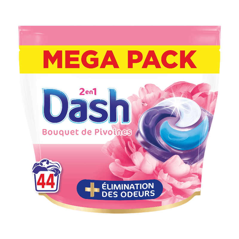 Dash 2en1 PODS®, Lessive En Capsule, 44 Lavages, Parfum Bouquet de Pivoines, 3 Semaines De Fraîcheur Avec L’Adoucissant Lenor, Fabriqué En France