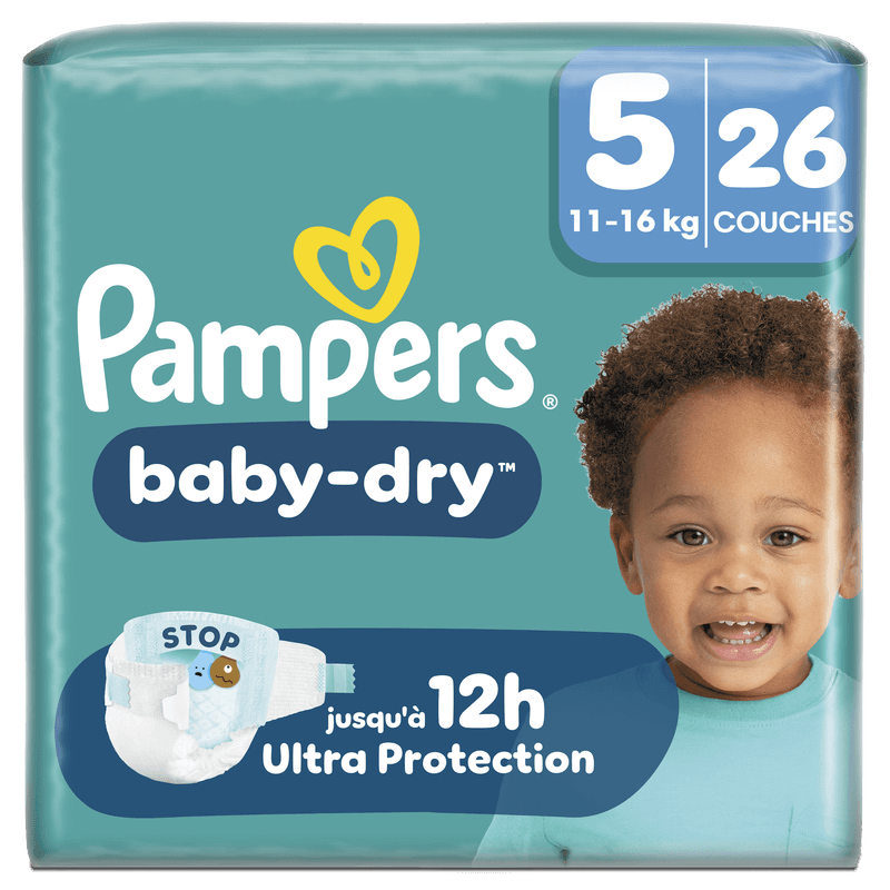 Pampers Baby-Dry, Taille 5, 26 Couches, 11-16kg, Une nuit jusqu'à 100% sans fuites avec la Poche Stop & Protect à l’arrière de la couche