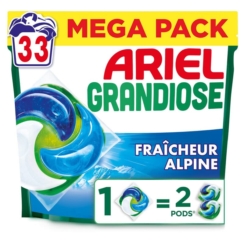 Ariel PODS Grandiose Fraîcheur Alpine, Lessive en capsule, 33 lavages, Fabriqué en France