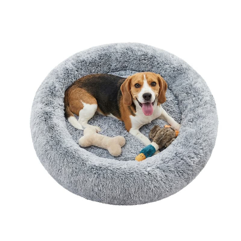 JOYFURNOS Panier pour cage de chien en peluche forme beignet avec housse amovible lavable, Gris, 90 x 20 cm, Peluche, Coton PP