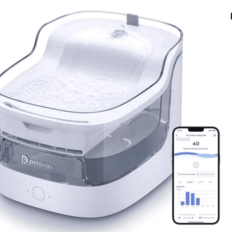 PETGUGU Fontaine à eau pour chat avec application de surveillance, 2 L, pompe sans fil ultra silencieuse (<20 dB), capteur de mouvement, données de