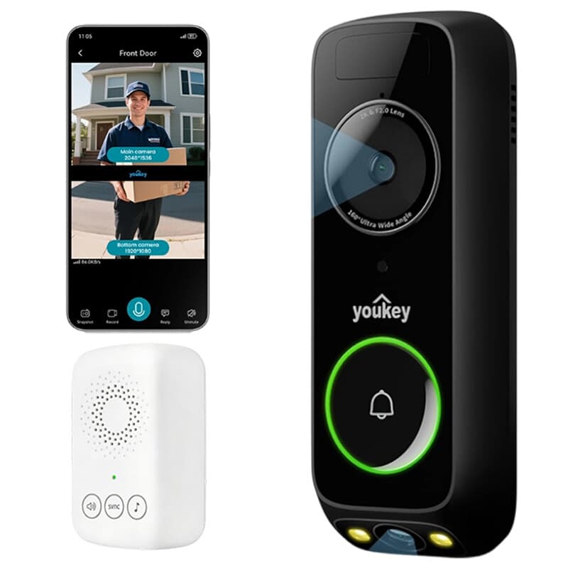 UNIVIEW Youkey DB312 Caméra de Sonnette Vidéo Sans Fil Double Caméra avec Sonnerie, Vision Nocturne en Couleur 2K, Batterie 6400 mAh, Wi‑Fi 6