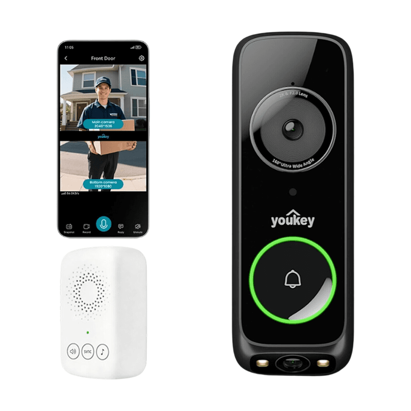 UNIVIEW Youkey DB322 Caméra de Sonnette Vidéo Filaire à Double Caméra avec Carillon, Vision Nocturne en Couleur 2K, Wi‑Fi 6 (2,4/5 GHz), Mode de