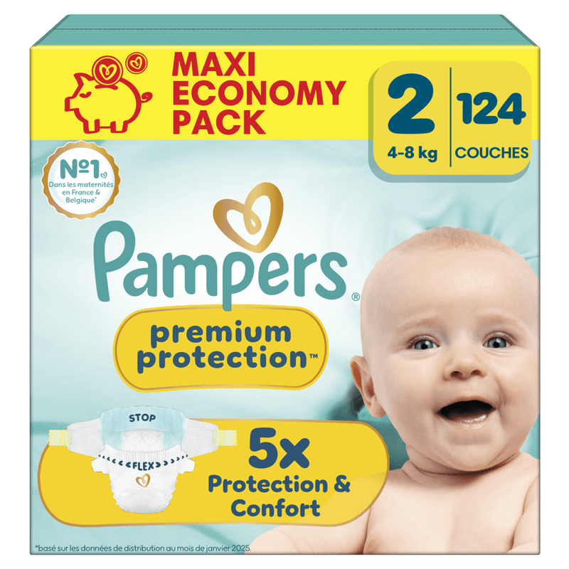 Pampers Premium Protection, Taille 2, 124 Couches, 4-8kg, Notre N°1 Pour La Protection De La Peau Et Contre Les Fuites, Maxi Economy Pack