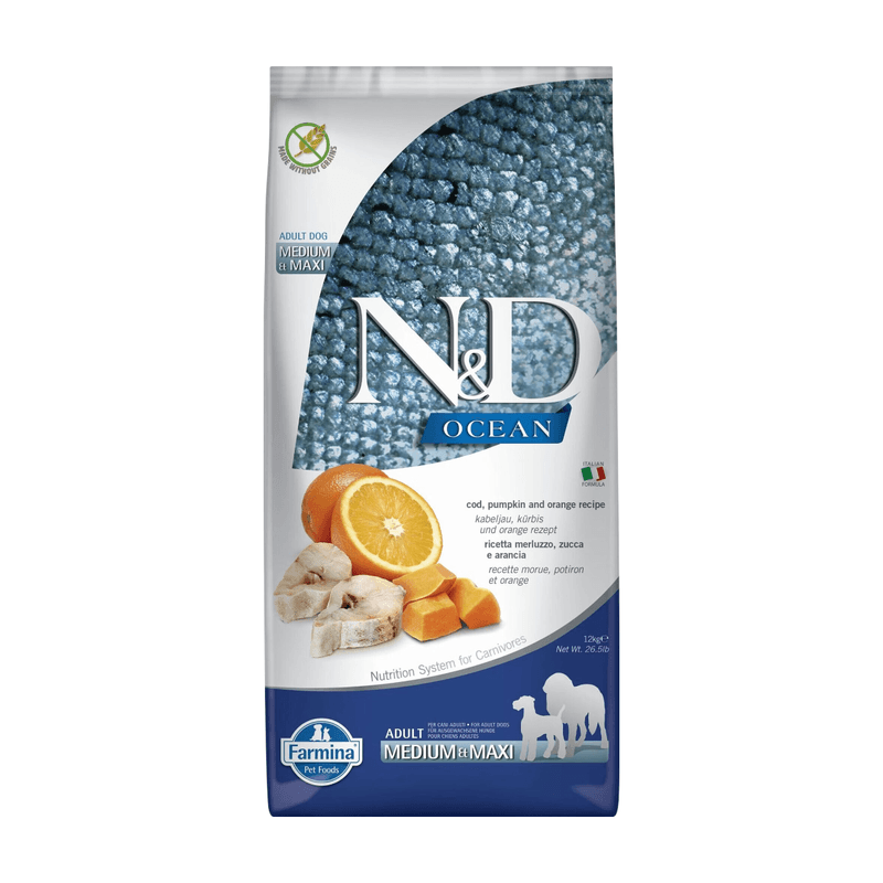 Farmina N&D Gamme Océan Nourriture pour Chien Adulte de Taille Moyenne/Grande au Cabillaud et au Potiron 12 kg